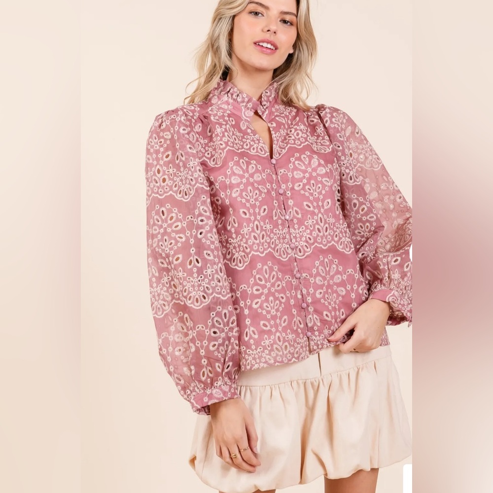 Lovelo Sage Floral Eyelet Long Sleeve Blouse